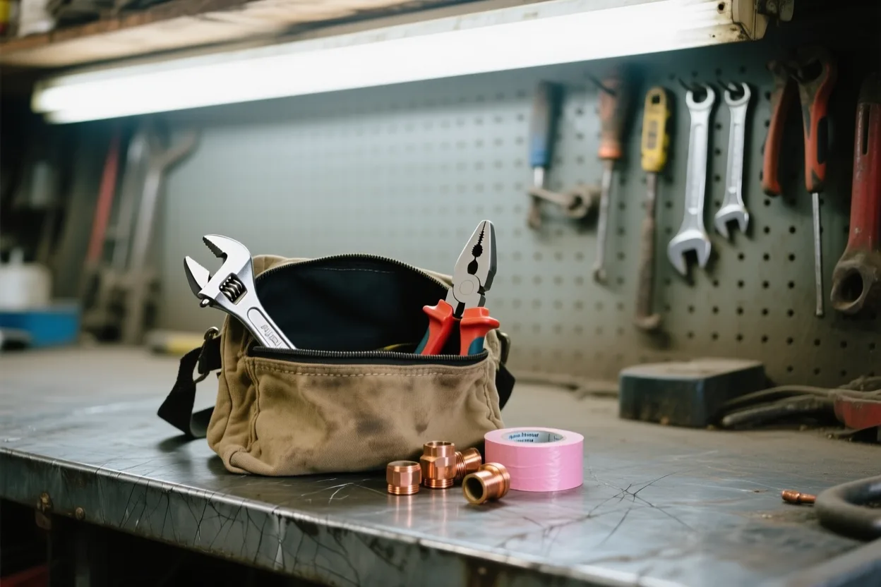 Plumbing tools and fittings arranged on a workbench