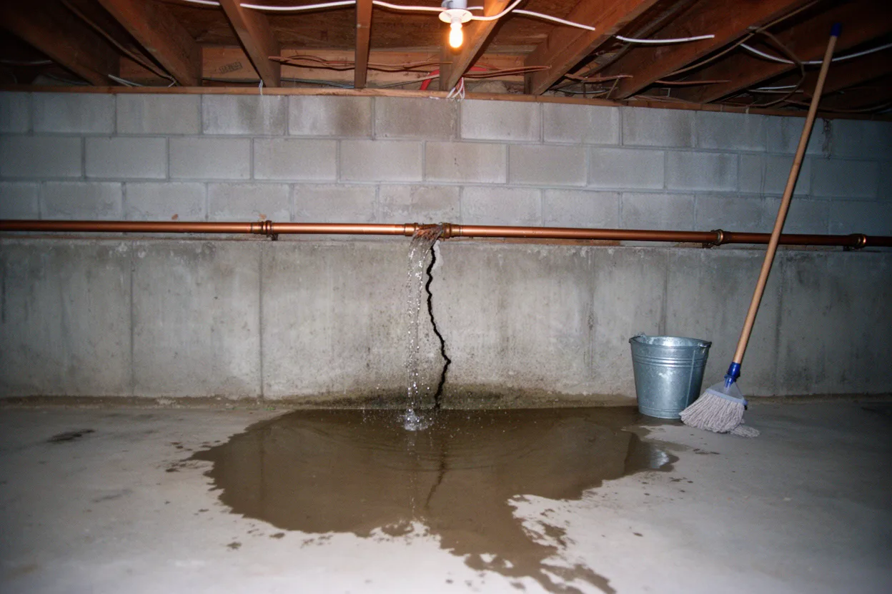 A split copper pipe leaking onto a wet basement floor