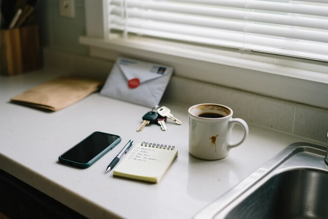 Phone and notepad on a kitchen counter