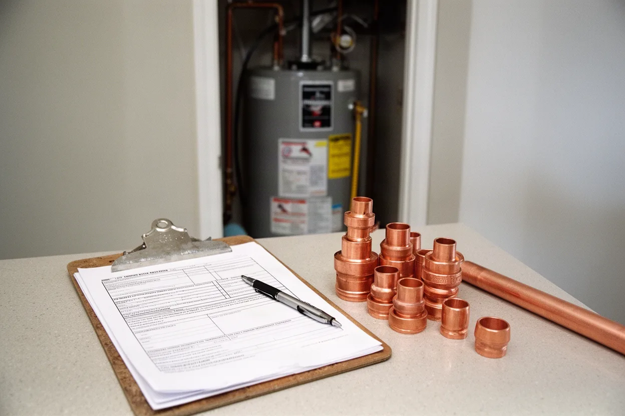 A clipboard with a blank permit form and copper fittings on a counter