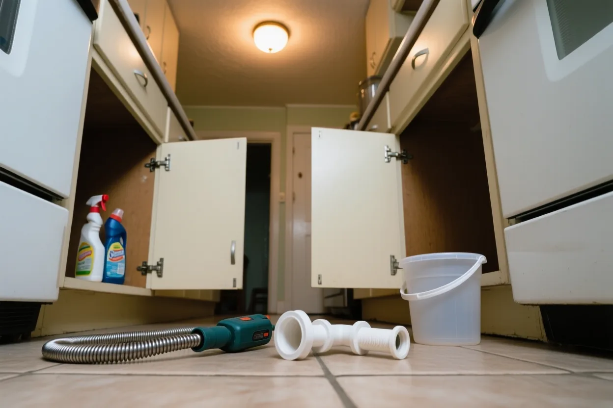 Drain auger and a removed P-trap under a kitchen sink