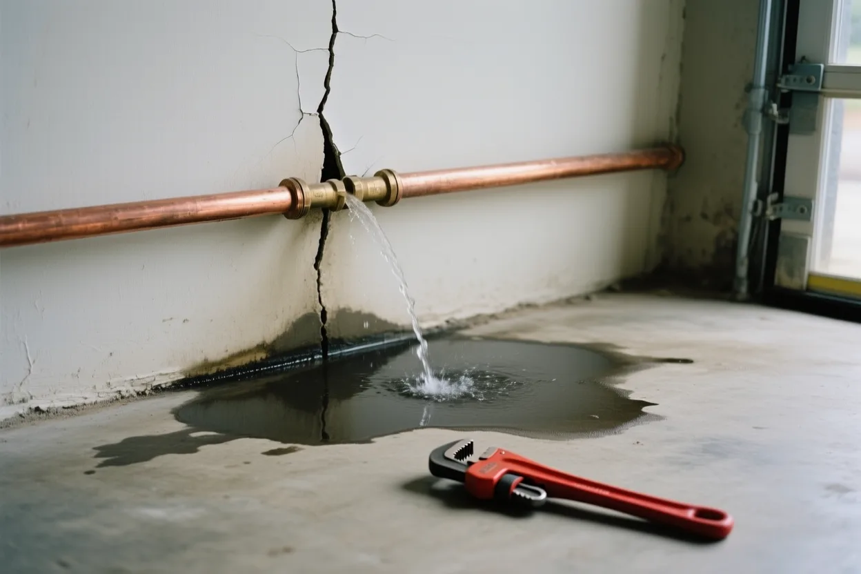 Split copper pipe spraying water onto a garage floor