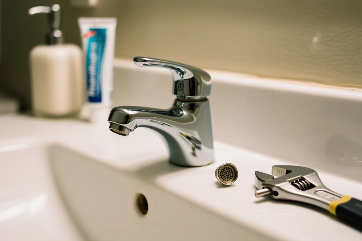 Faucet aerator removed at a bathroom sink with a wrench nearby