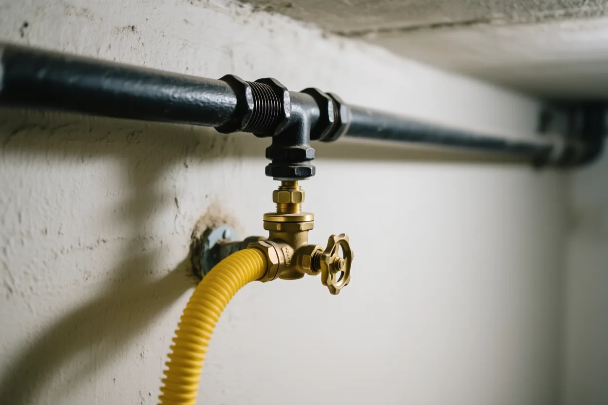 Black iron gas pipe with a yellow flex connector at a shutoff valve