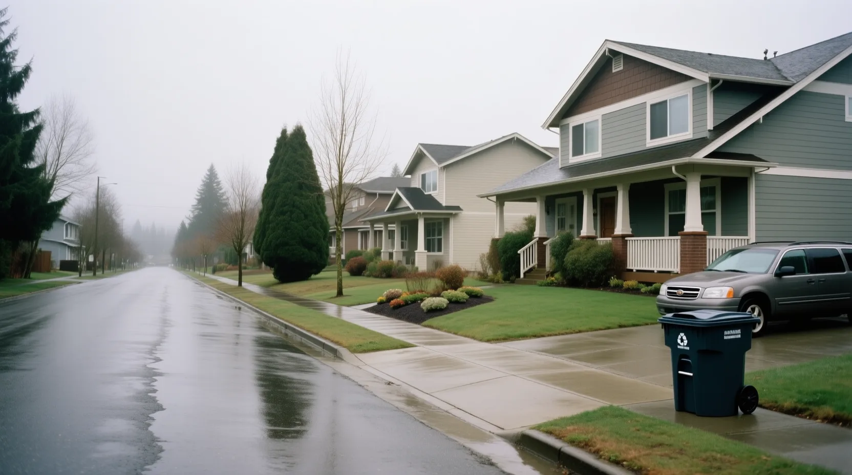 Quiet residential street with mid-century houses and evergreen trees under overcast skies