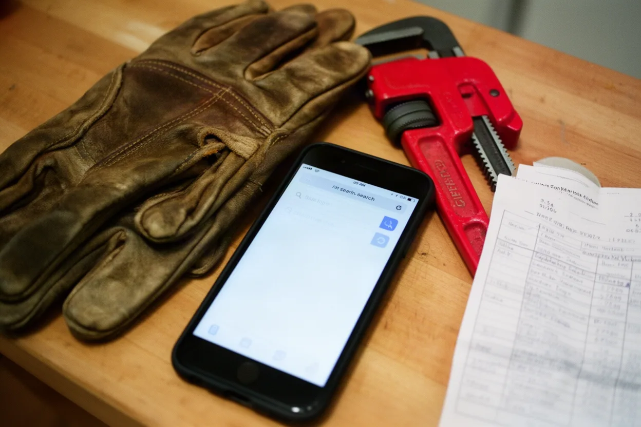 A phone with a search screen beside work gloves and a pipe wrench