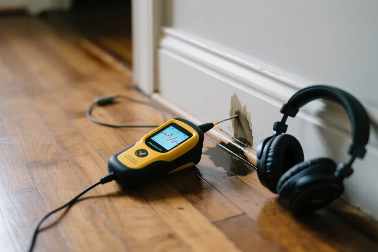 Leak detection unit with sensor probe at a water-stained baseboard