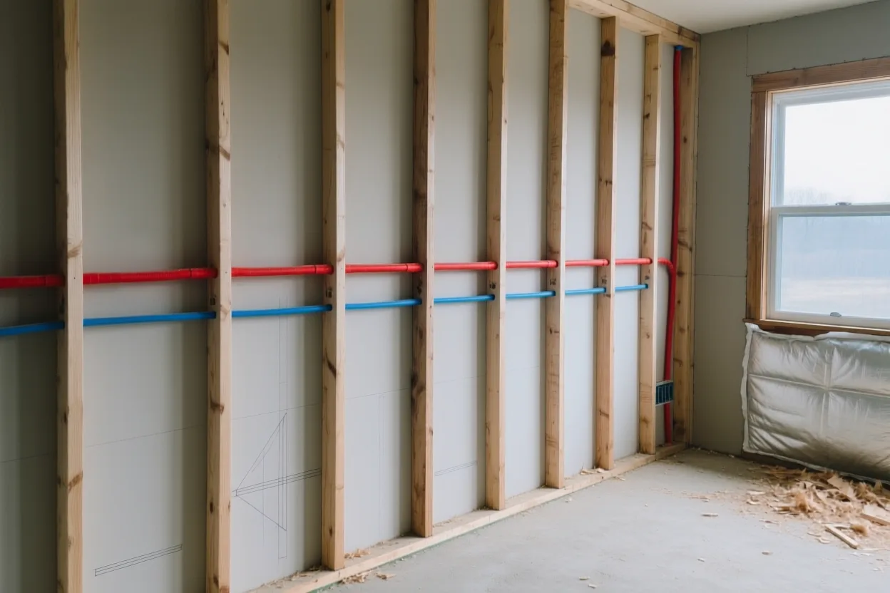 Red and blue PEX lines running horizontally through wall studs