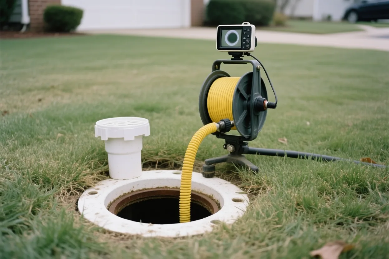 Sewer camera reel feeding cable into a yard cleanout pipe