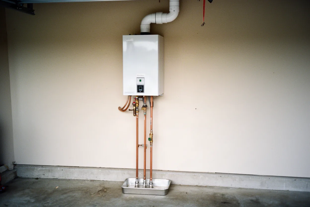 A wall-mounted tankless water heater with copper lines in a garage