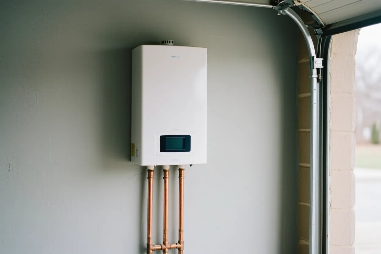 Wall-mounted tankless water heater with copper pipes below