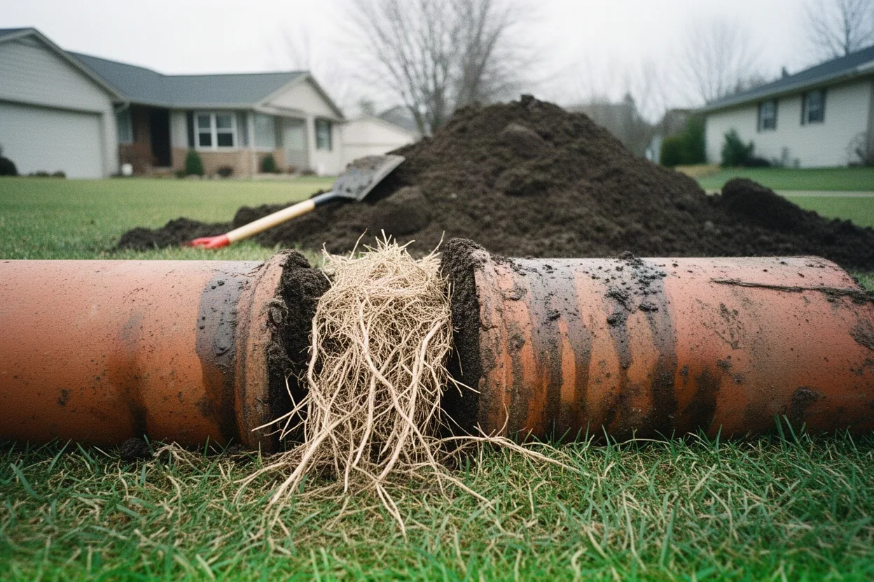 A clay sewer pipe segment with tree roots growing through the joint