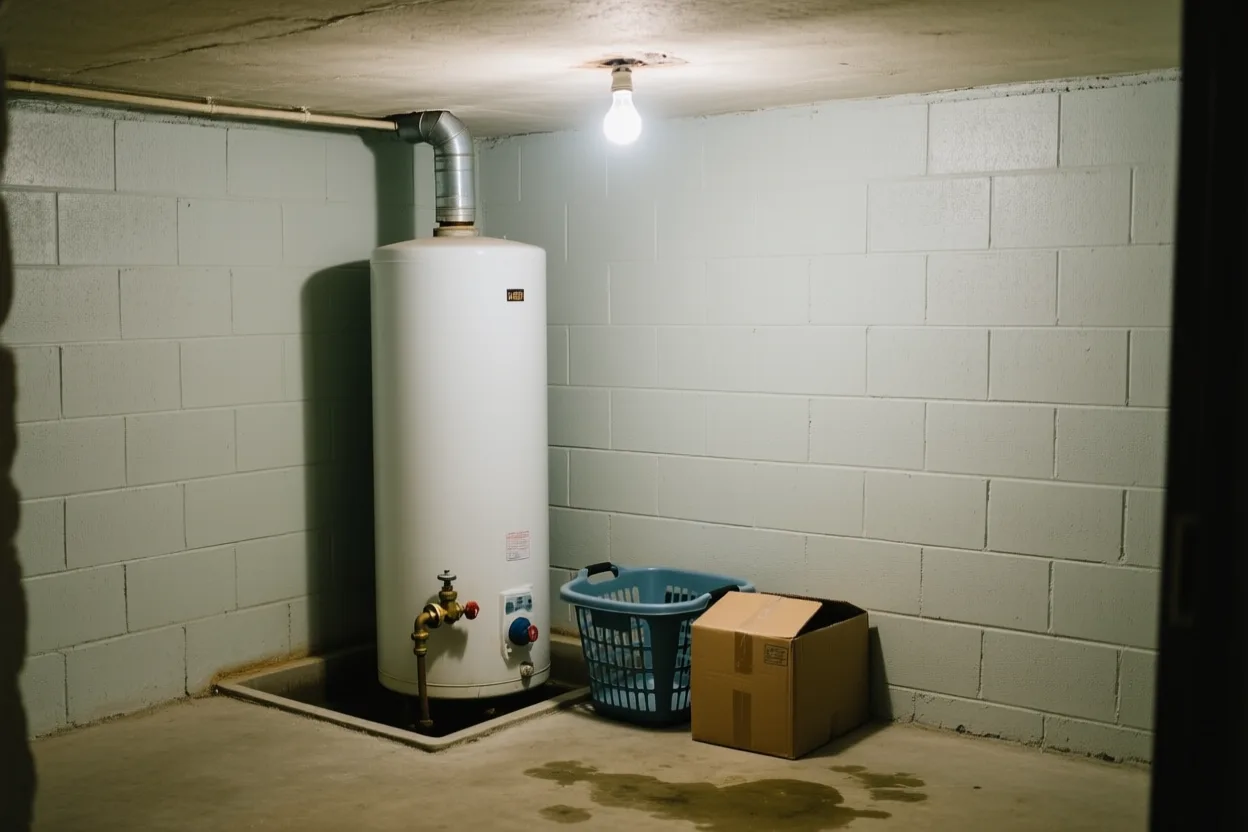 Gas water heater in a basement utility corner