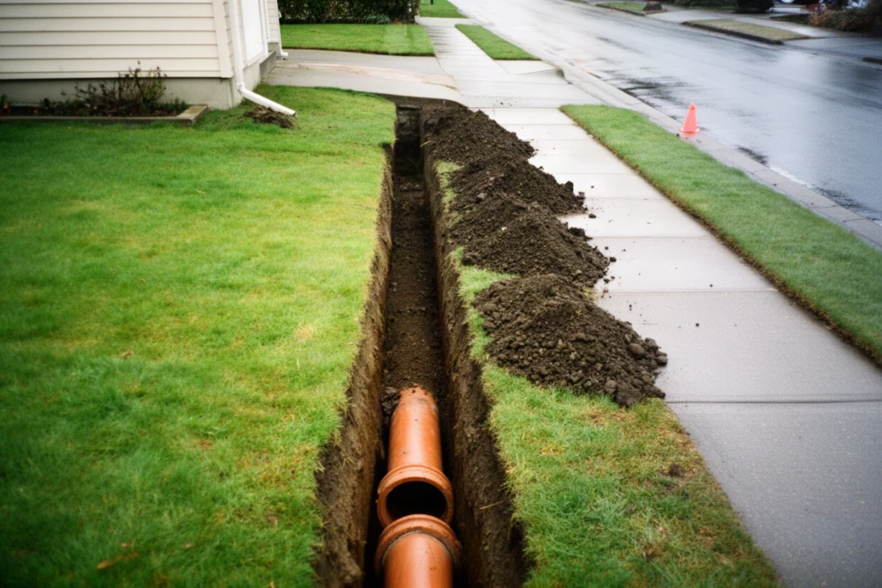 An excavated side sewer trench crossing a front lawn toward the street